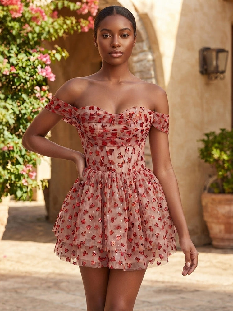 Tulle A-Line Off Shoulder Homecoming Dresses with 3D Red Heart Applique