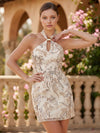 Tulle Sheath Halter Homecoming Dresses with Floral Embroidery