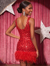 Mesh Bodycon V Neck Homecoming Dresses with Natural Feather Fringe Hem