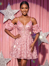 Sequin Mesh A-Line V Neck Homecoming Dresses with Lace Applique