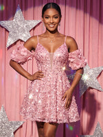 Sequin Mesh A-Line V Neck Homecoming Dresses with Lace Applique