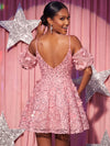 Sequin Mesh A-Line V Neck Homecoming Dresses with Lace Applique