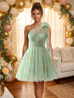 Tulle A-Line One Shoulder Homecoming Dresses with Floral Embroidery