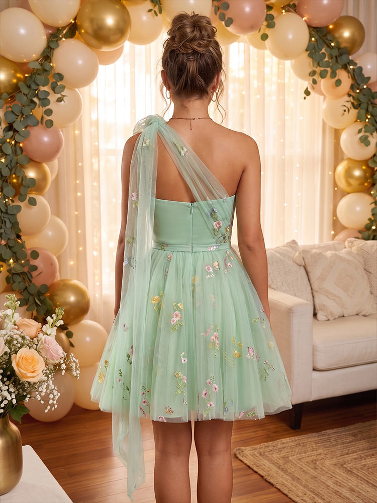 Tulle A-Line One Shoulder Homecoming Dresses with Floral Embroidery