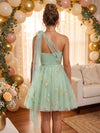 Tulle A-Line One Shoulder Homecoming Dresses with Floral Embroidery