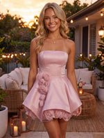 Satin A-Line Strapless Homecoming Dresses with 3D Flowers
