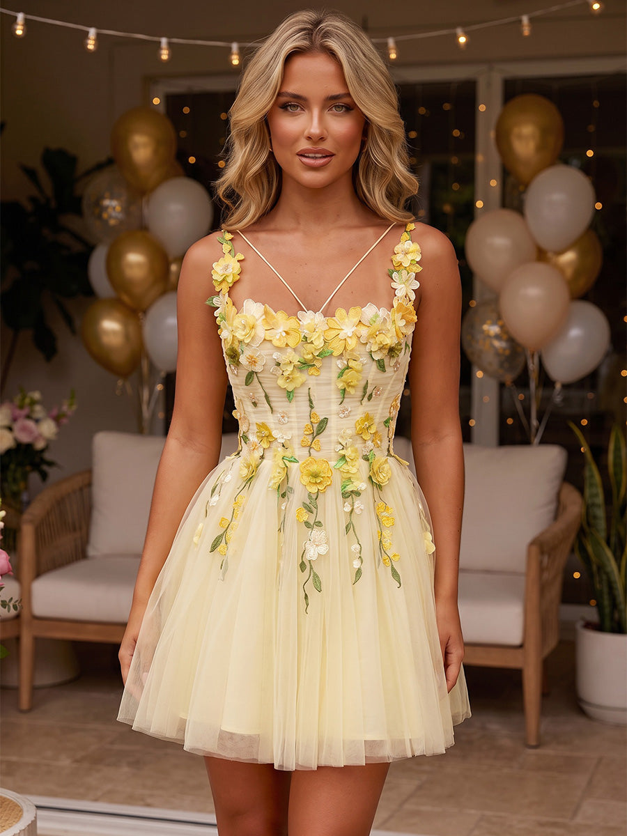 Gracins A-Line Spaghetti Straps Homecoming Dresses with 3D Flowers 2026