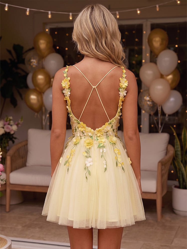 A-Line Spaghetti Straps Homecoming Dresses with 3D Flowers