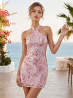 Mesh Bodycon Halter Homecoming Dresses with Sequin Embroidery