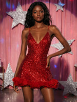 Sequin A-Line V Neck Homecoming Dresses with Tiered Ruffle