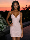 Satin Bodycon Spaghetti Straps Homecoming Dresses with Sequin Embroidery
