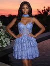 A-Line Spaghetti Straps Homecoming Dresses with Sparkling Glitter Lace Appliques