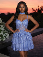 A-Line Spaghetti Straps Homecoming Dresses with Sparkling Glitter Lace Appliques