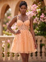 Mesh A-Line Spaghetti Straps Homecoming Dresses with 3D Leaf Lace Appliques
