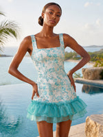 Jacquard Sheath Square Neck Homecoming Dresses with Bottom Ruffle Hem
