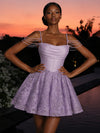 Satin A-Line Off Shoulder Homecoming Dresses with Glitter Embroidered 3D Lace