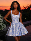Satin A-Line U-Neck Homecoming Dresses with Floral Print
