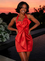 Satin Bodycon Halter Homecoming Dresses with Bow