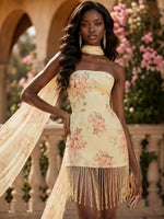 Chiffon Sheath Strapless Mini Homecoming Dresses with Fringe