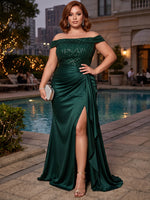 Satin Mermaid Off Shoulder Plus Size Dresses with Side Waist Ruched Shaping Detail