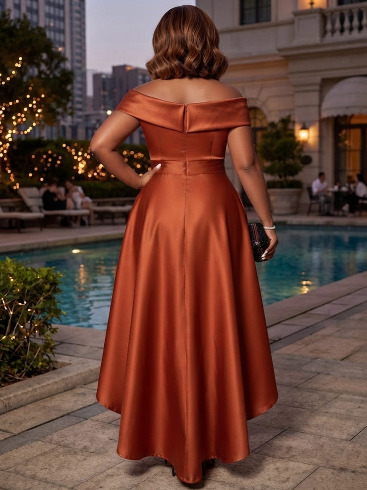 Satin A-Line Off Shoulder Plus Size Dresses with Pleated