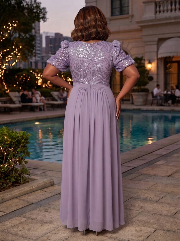 Chiffon Sheath Crew Neck Plus Size Dresses with Sequin Embroidery