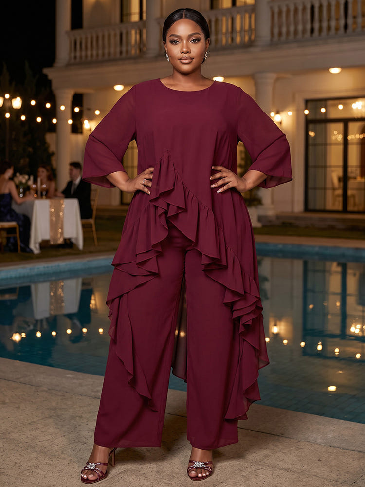 Chiffon Pantsuit Crew Neck Plus Size with Ruffles