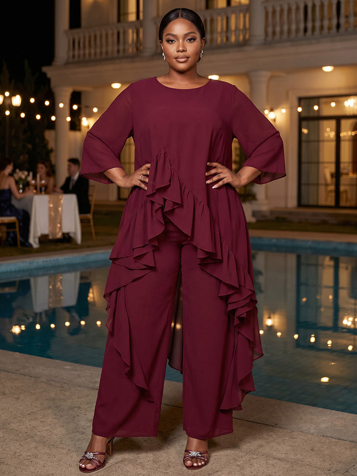 Chiffon Pantsuit Crew Neck Plus Size with Ruffles