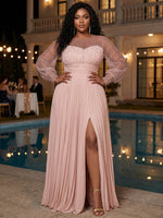 Chiffon A-Line Crew Neck Plus Size Dresses with Beaded