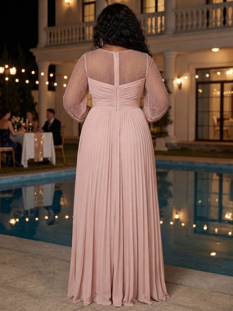 Chiffon A-Line Crew Neck Plus Size Dresses with Beaded