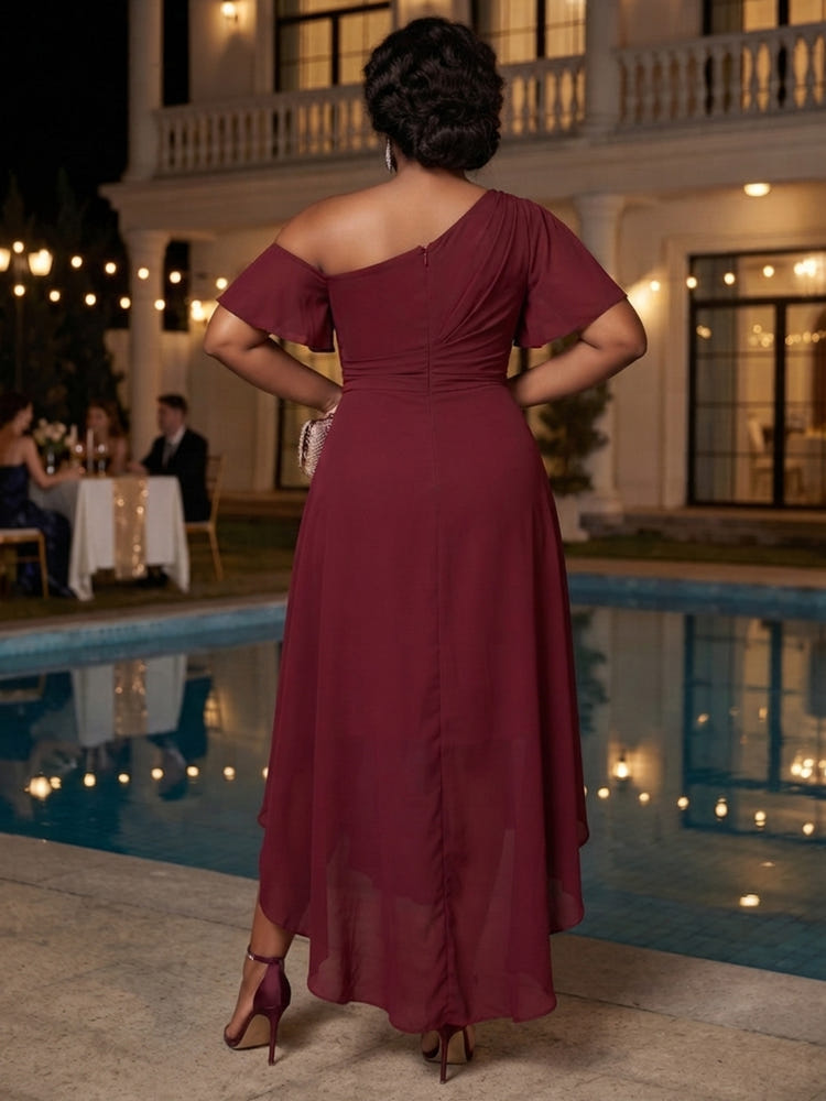 Chiffon A-Line One Shoulder Plus Size Dresses with Side Waist Ruched Shaping Detail