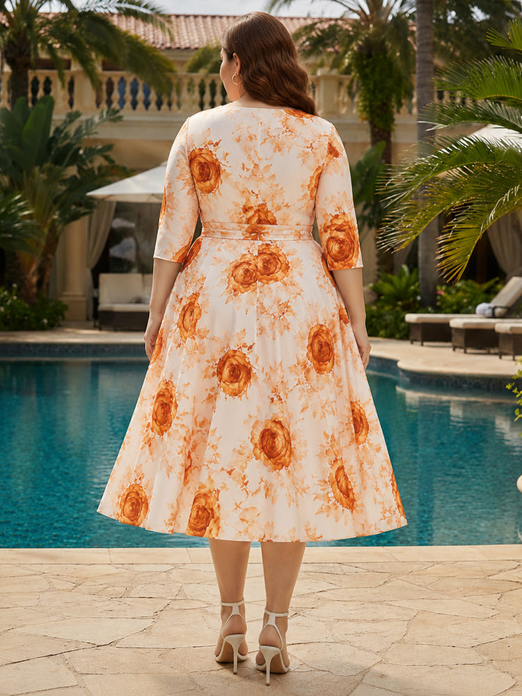 Chiffon A-Line Crew Neck Plus Size Dresses with Floral Print