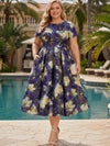 Satin A-Line Crew Neck Plus Size Dresses with Floral Print