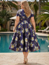 Satin A-Line Crew Neck Plus Size Dresses with Floral Print
