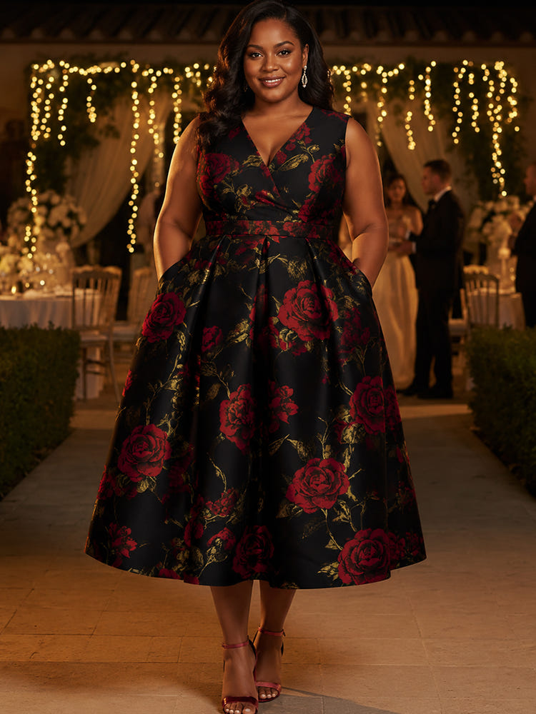 Satin A-Line V Neck Plus Size Dresses with Floral Print