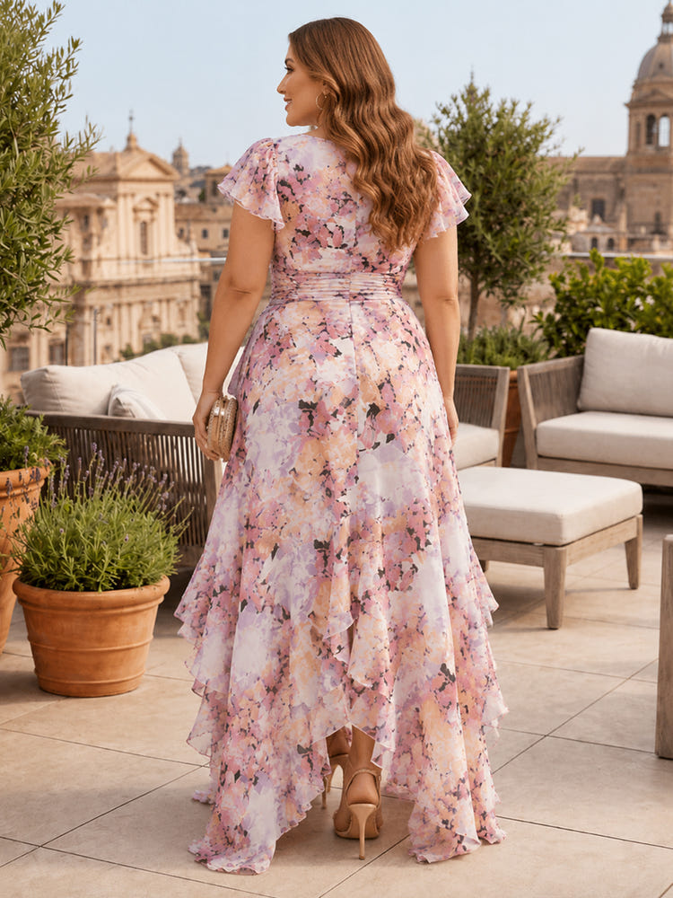 Chiffon A-Line V Neck Plus Size Dresses with Floral Print