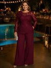 Satin Pantsuit Crew Neck Plus Size with Lace Applique