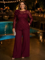 Satin Pantsuit Crew Neck Plus Size with Lace Applique