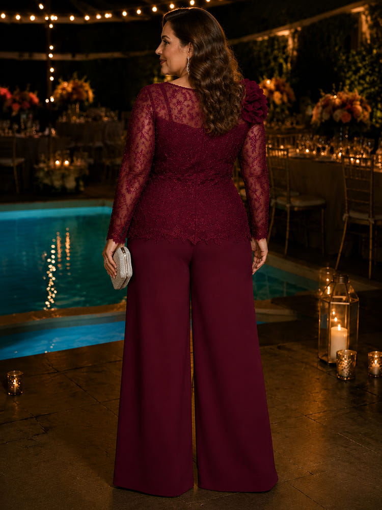 Satin Pantsuit Crew Neck Plus Size with Lace Applique
