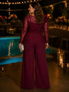 Satin Pantsuit Crew Neck Plus Size with Lace Applique