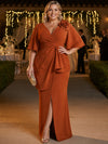 Chiffon Mermaid V Neck Plus Size Dresses with Side Waist Ruched Shaping Detail