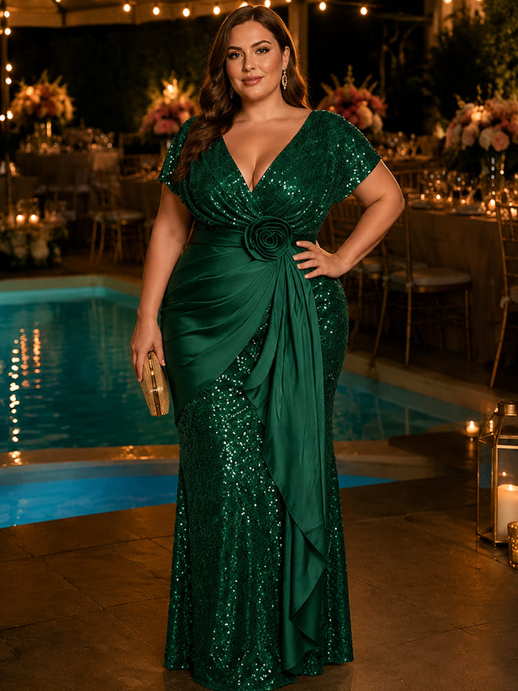 Sequin Mermaid V Neck Plus Size Dresses with 3D Flowers