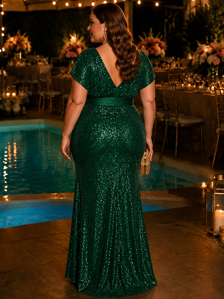 Sequin Mermaid V Neck Plus Size Dresses with 3D Flowers