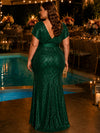 Sequin Mermaid V Neck Plus Size Dresses with 3D Flowers