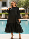 Satin A-Line Crew Neck Plus Size Dresses with Voluminous Tiered Ruffle Midi Hem