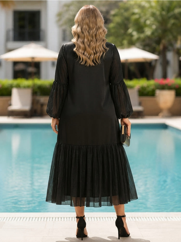 Satin A-Line Crew Neck Plus Size Dresses with Voluminous Tiered Ruffle Midi Hem