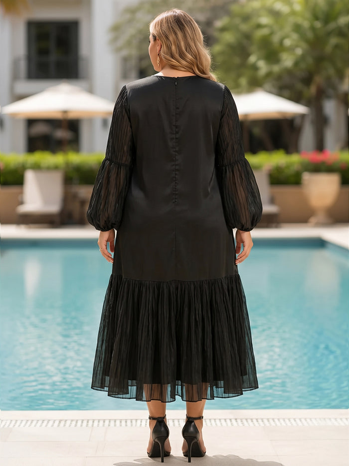 Satin A-Line Crew Neck Plus Size Dresses with Voluminous Tiered Ruffle Midi Hem