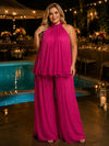 Chiffon Pantsuit Halter Plus Size with Delicate Pleated