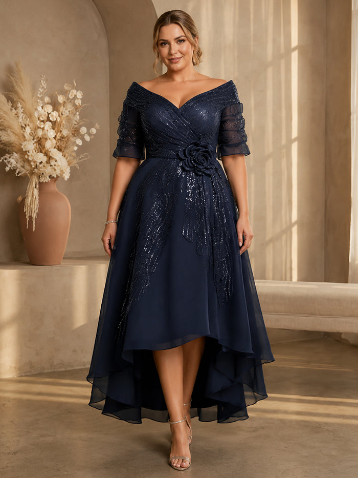 Chiffon A-Line Off Shoulder Plus Size Dresses with 3D Flowers
