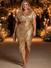 Sequin Bodycon V Neck Plus Size Dresses with Side Waist Ruched Shaping Detail